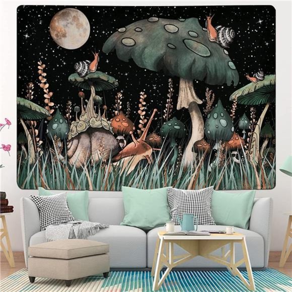 51.2 x 59.1 Mushroom Tapestry Moon Stars Tapestry Snail Tapestry Fantasy Plants - Picture 1 of 6